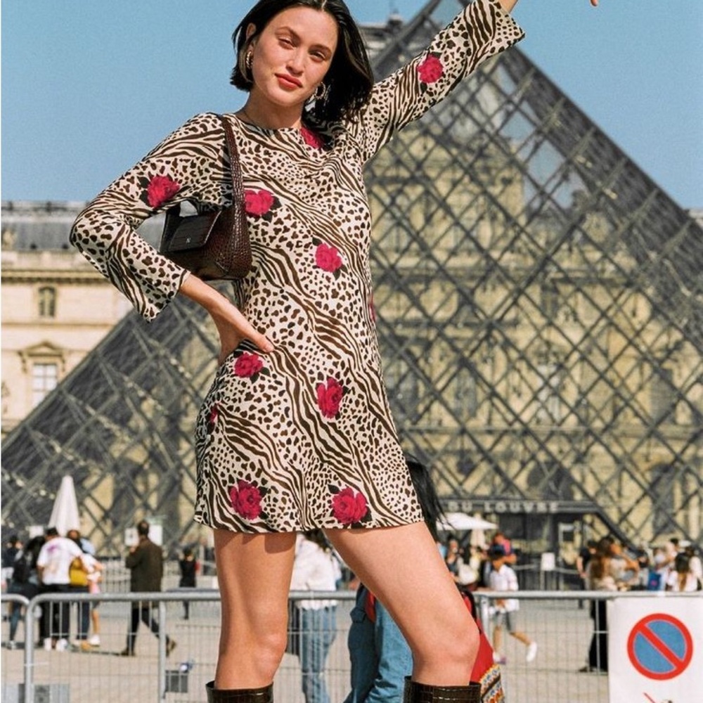 ISO ISO ISO Rouje Beige Mini Dress with Pink Floral & Animal Print